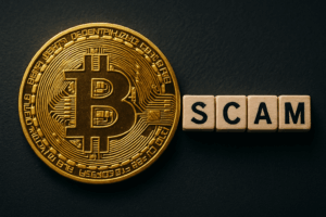 Warnung vor Krypto-Betrug – Bitcoin-Münze mit Scam-Schriftzug Krypto-Betrug 2024: Symbolfoto mit Bitcoin und dem Wort SCAM – Geld zurück mit Blockchain-Tracing ist möglich.