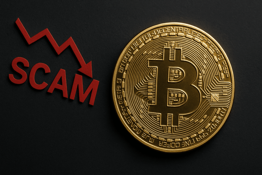 Bitcoinmünze auf schwarzem Hintergrund, Scam Warnung