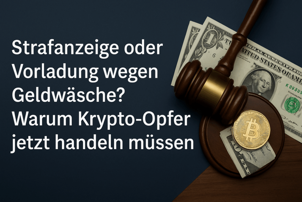 Vorladung wegen Geldwäsche nach Kryptobetrug – Gavel, Bitcoin und Dollar auf dunklem Hintergrund