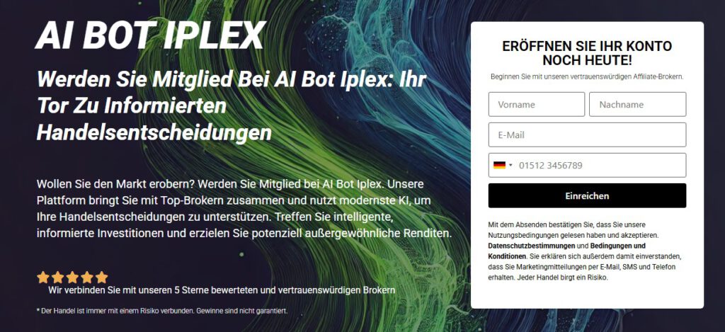 Werbeanzeige einer betrügerischen Krypto-Plattform mit KI-Versprechen und Registrierungsformular – typisches Beispiel für Krypto-Betrug mit angeblichem automatisierten Handel.“
