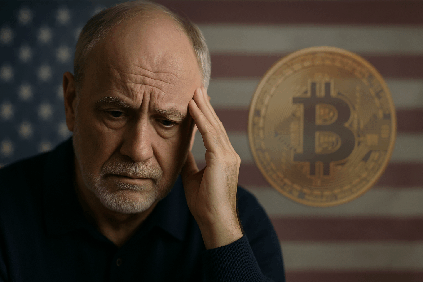 Älterer Mann mit besorgtem Gesichtsausdruck als Opfer von Krypto-Betrug, im Hintergrund transparent eine US-Flagge und ein Bitcoin-Symbol