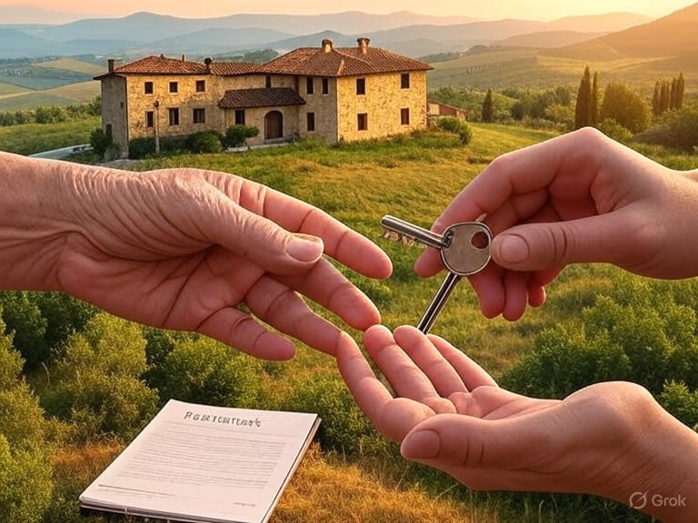 Toskanisches Landhaus mit Schlüsselübergabe zwischen Generationen – Symbolbild für Erbschaft, Immobilie und Testament in Italien
