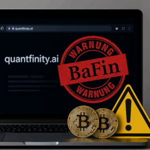 Warnhinweis der BaFin vor Kryptowährung Betrug durch quantfinity.ai auf Laptop mit Bitcoin-Münzen und Gefahrensymbol