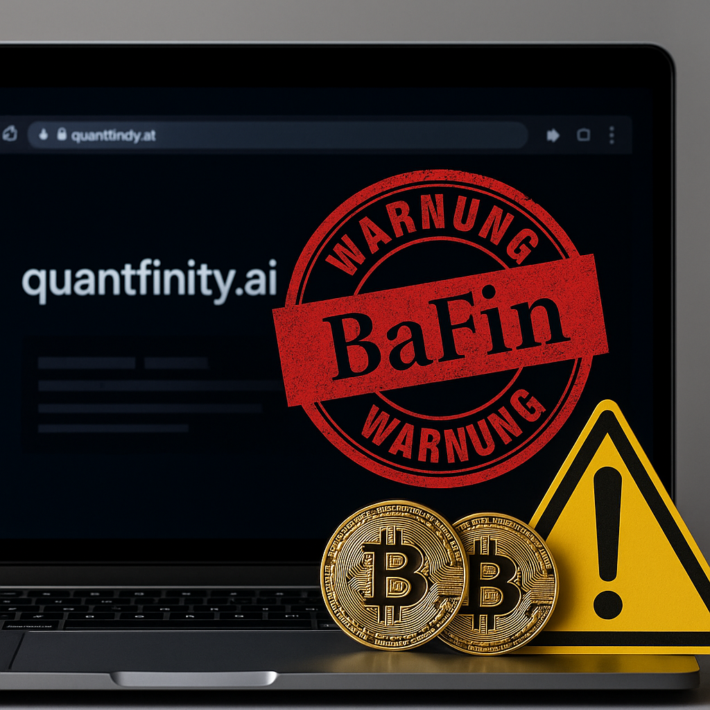 Warnhinweis der BaFin vor Kryptowährung Betrug durch quantfinity.ai auf Laptop mit Bitcoin-Münzen und Gefahrensymbol