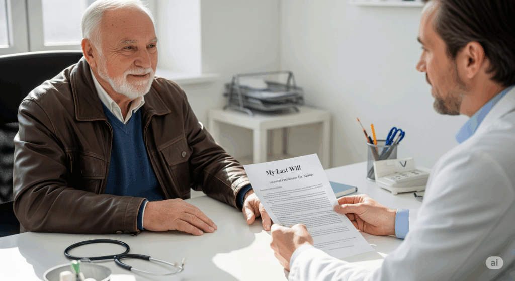 Patient übergibt Hausarzt handgeschriebenes Testament in der Praxis.