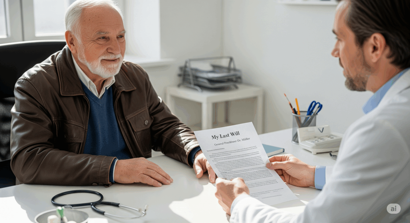 Patient übergibt Hausarzt handgeschriebenes Testament in der Praxis.