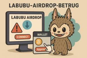Illustration eines Labubu-Airdrop-Betrugs mit gefälschter Website und Wallet-Zugriff