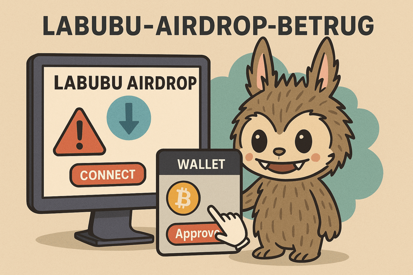 Illustration eines Labubu-Airdrop-Betrugs mit gefälschter Website und Wallet-Zugriff